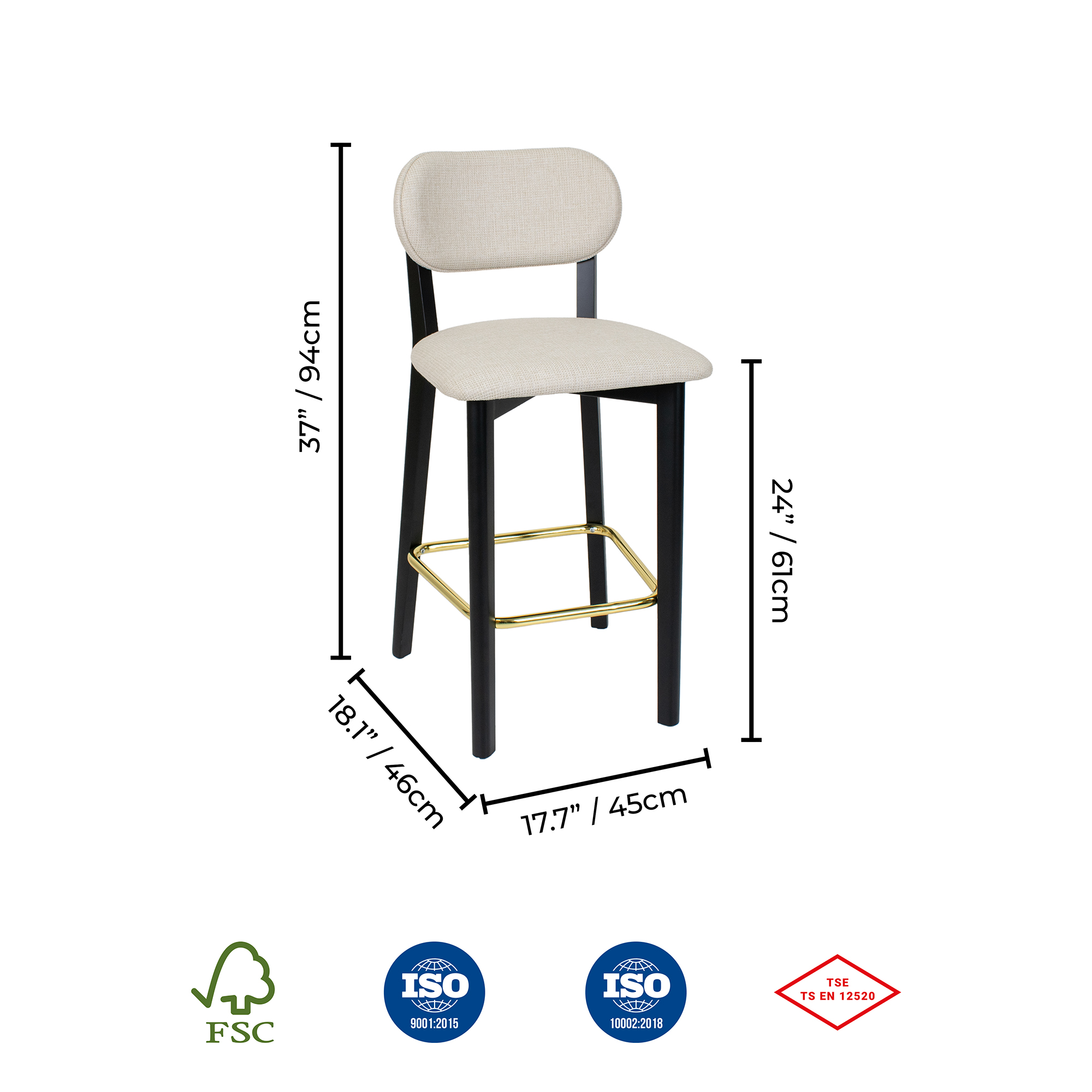Milan Black Wood Counter Bar Stool