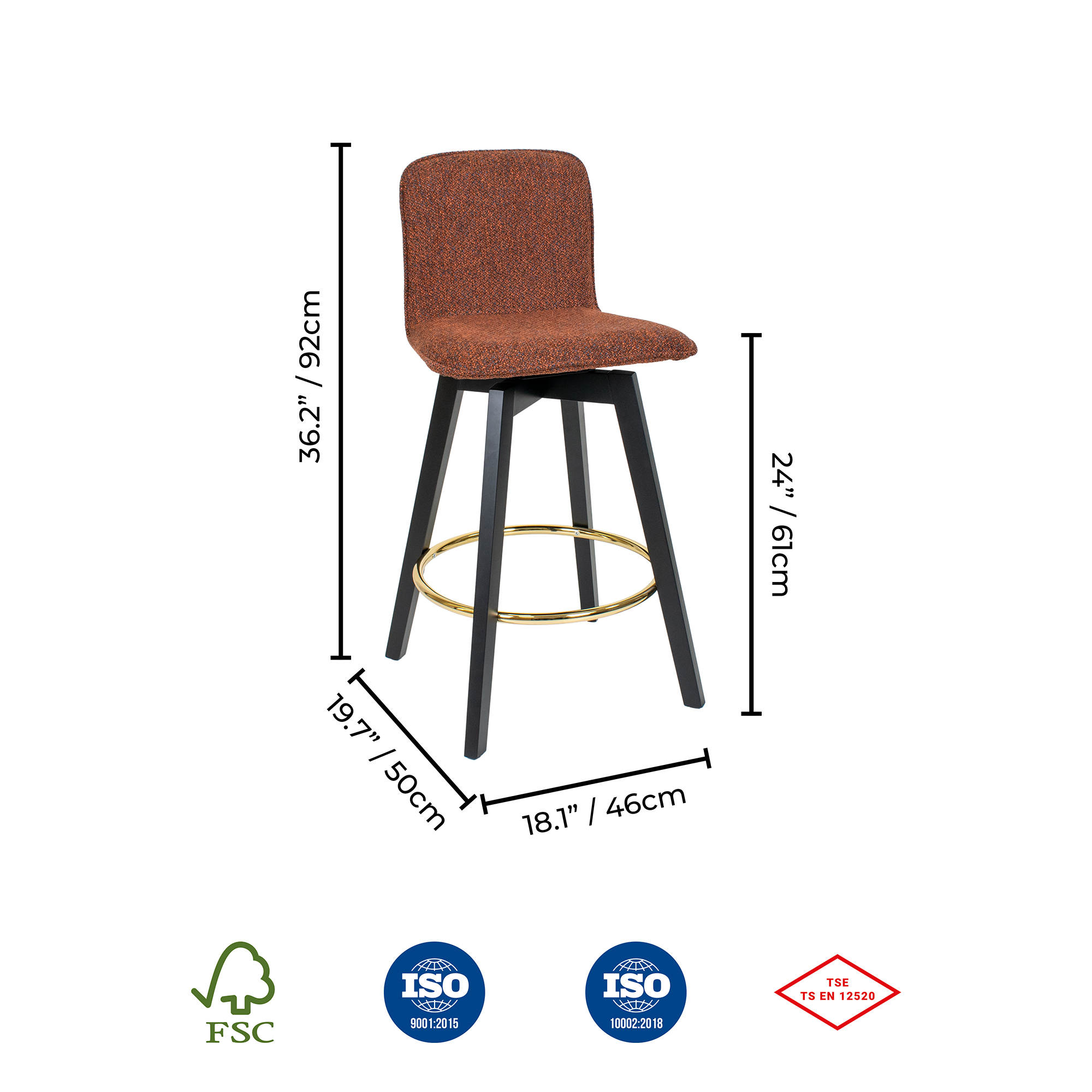 Munich Upholstered Black Wood Counter Bar Stool
